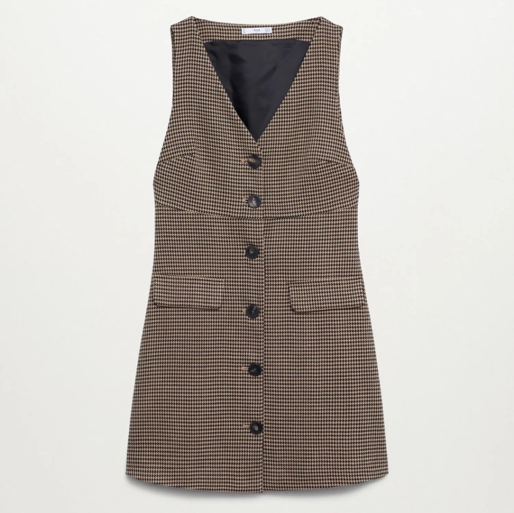 Tailored Houndstooth Button-Front Dress in Brown